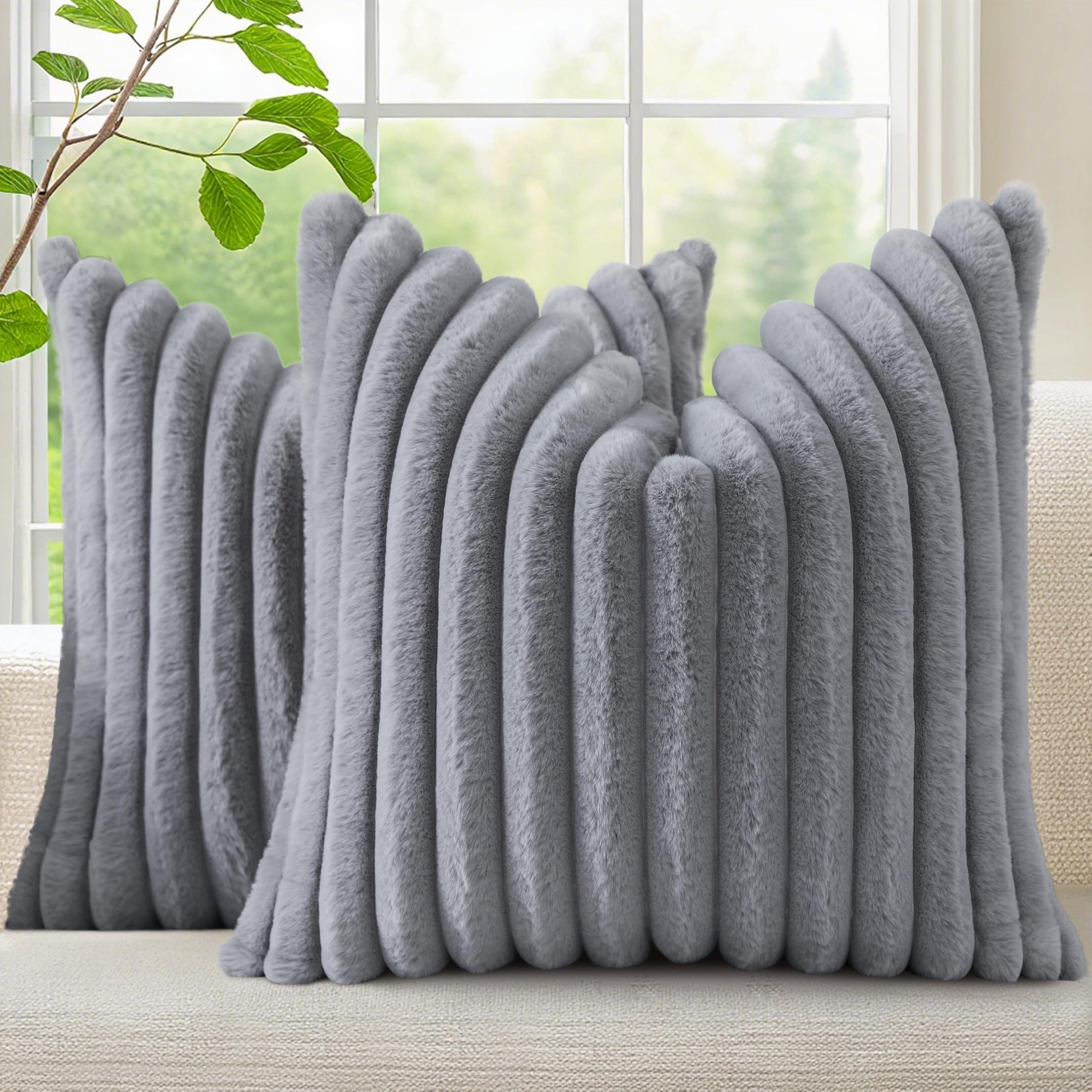 decorUhome Fall Faux Fur Throw Pillow Covers 24x24 Set of 2 Grey