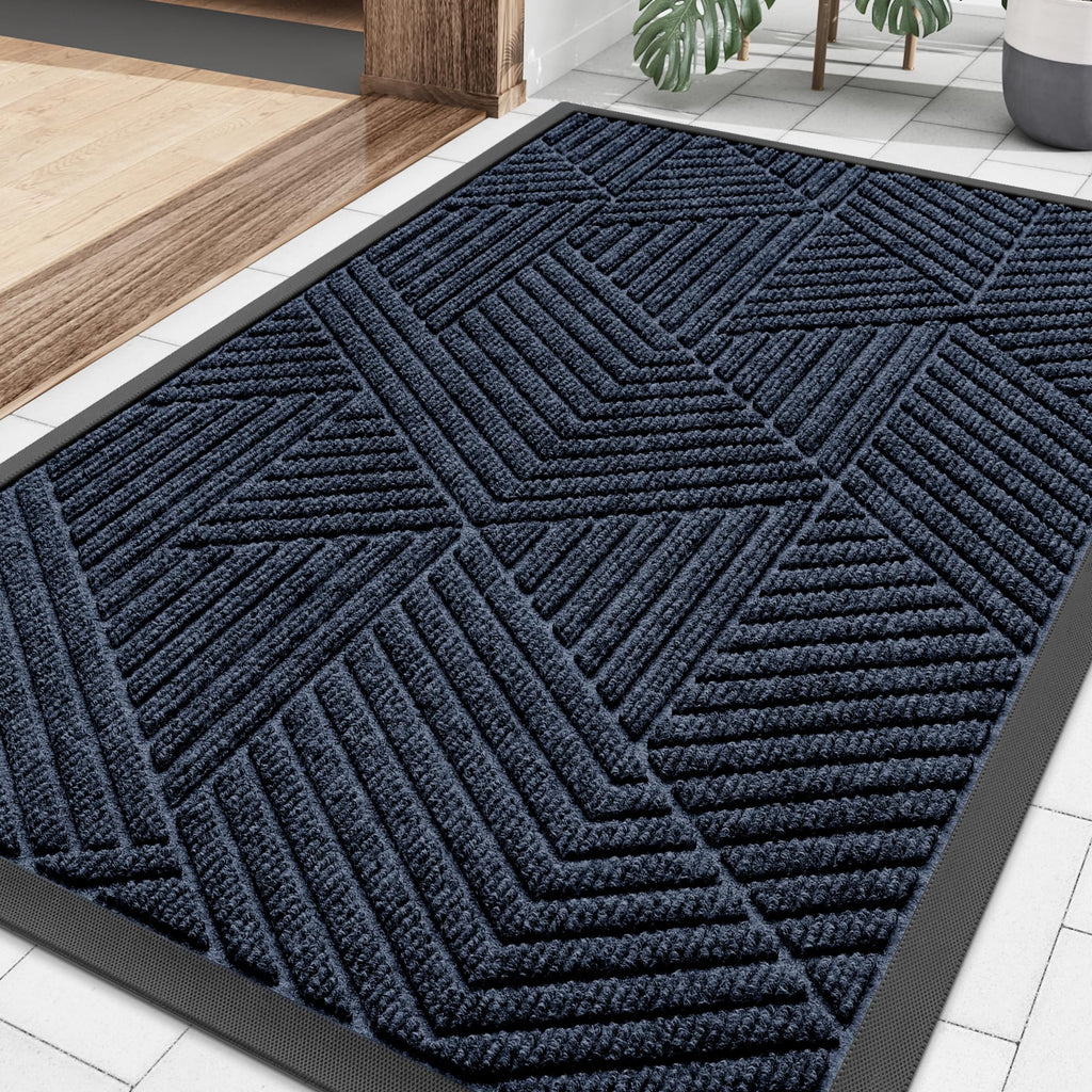 Smiry Front Door Mat Outside Entrance, Heavy Duty Sturdy Natural Rubber Doormat, Trap Dirt and Moisture, Easy Clean Low Profile Mats for Indoor Outdoor Entry, Irregular Triangle (29.5x17, Navy Blue)