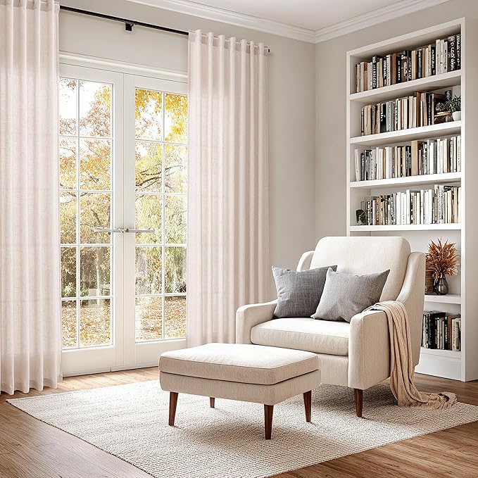 Nanspring Natural White Linen Curtains 108 Inches Long for Living Room Burlap Textured Neutral Farmhouse Sheer Curtains Back Tab Floor to Ceiling High Window Curtain for Bedroom 52x108, 2 Panels