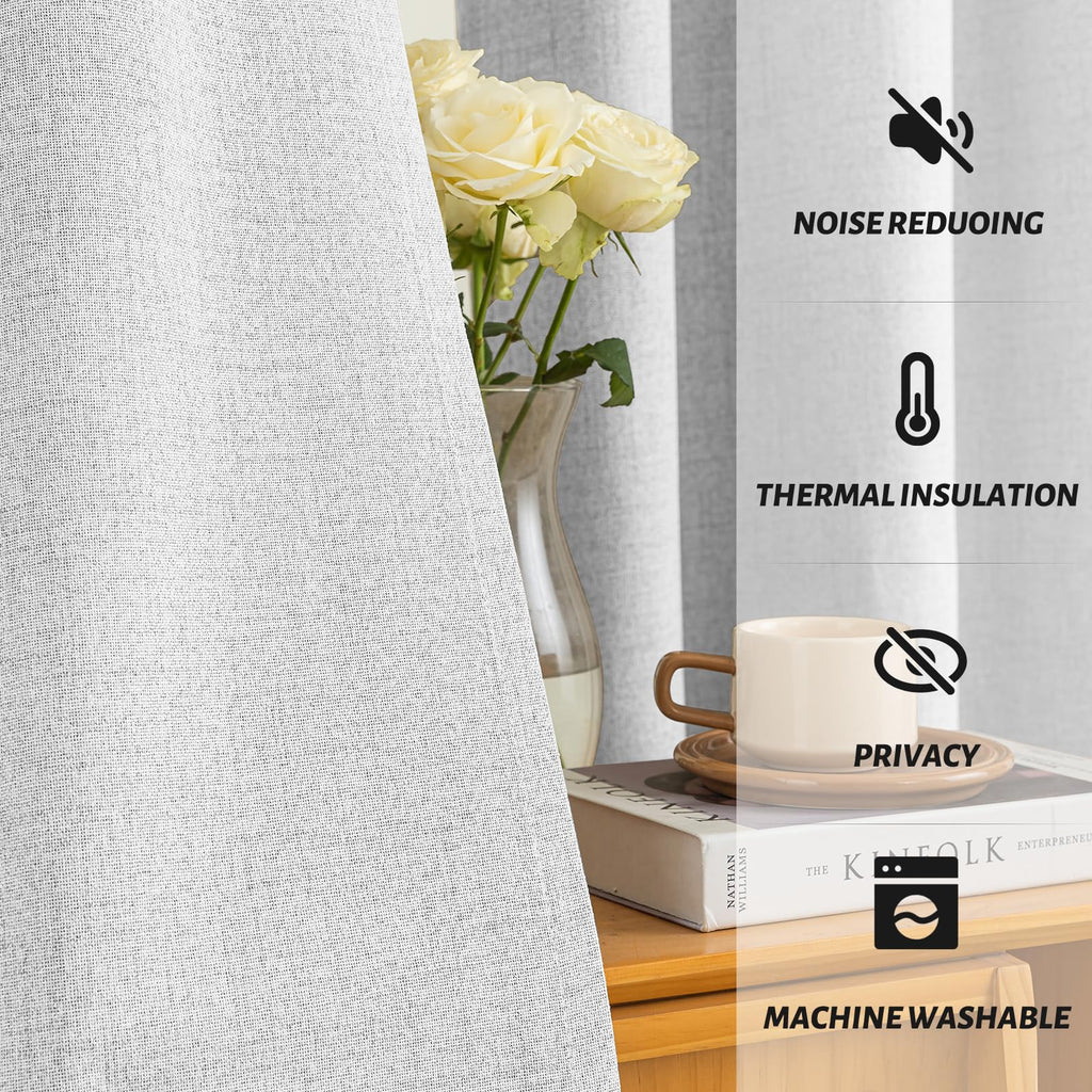 Yakamok White Linen Textured Curtains 63 Inches Long for Living Room