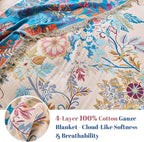 MSGKV Boho Throw Blanket for Bed Cotton 60"x80" Floral Blanket Twin Size Couch All Seasons Muslin Spring Breathable Lightweight Farmhouse Blankets