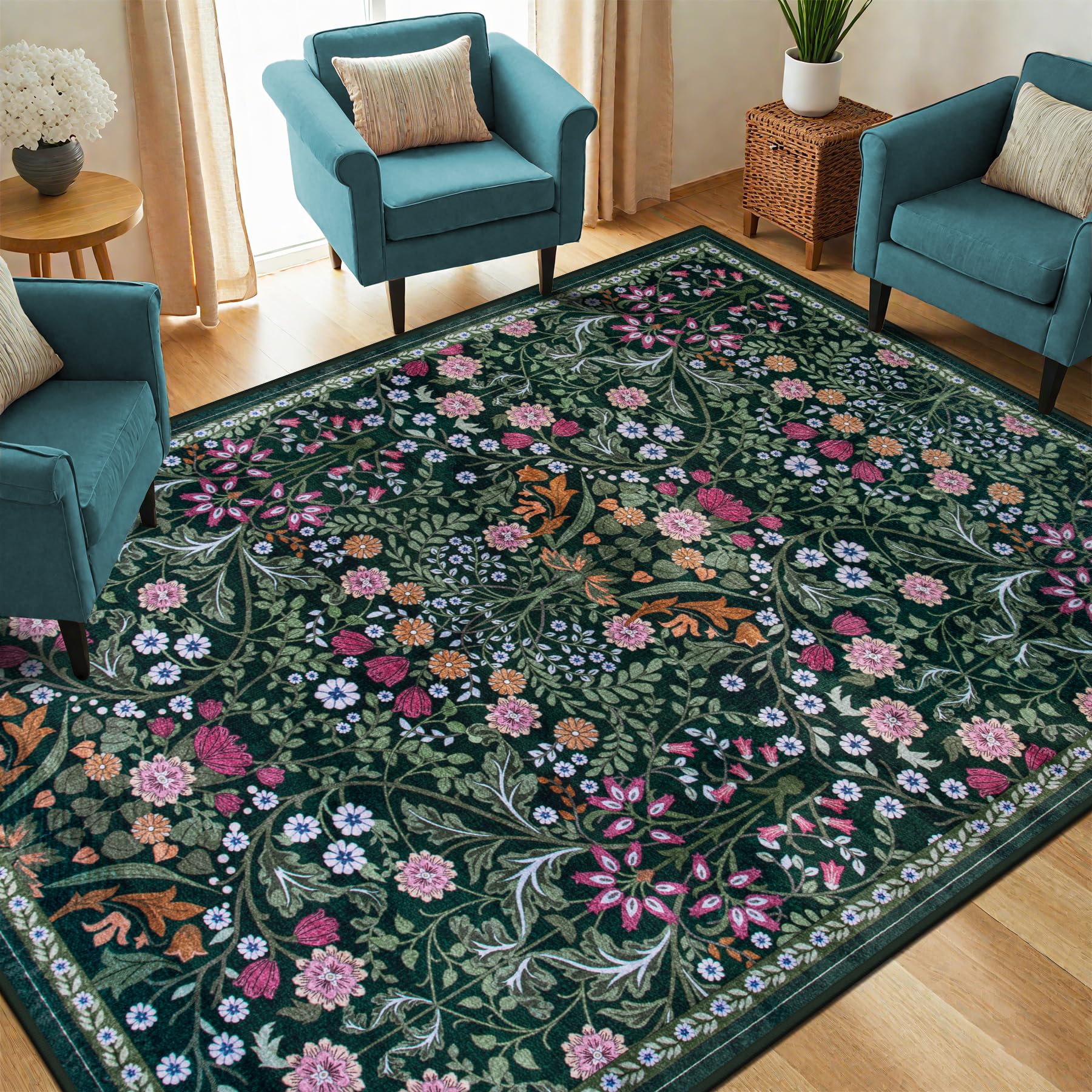 PLHXFR Area Rug Living Room: 4x6 Floral Washable Boho Carpet Dark Green