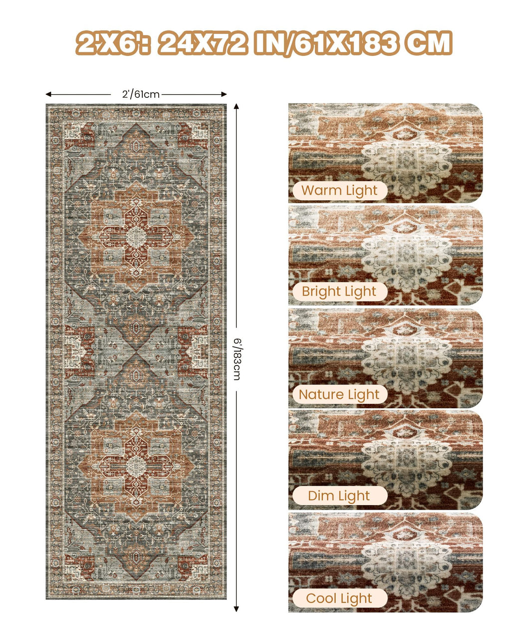 Restydon Runner Rug 2x6, Non Slip Washable Rugs for Hallways,Grey/Brown/Tan