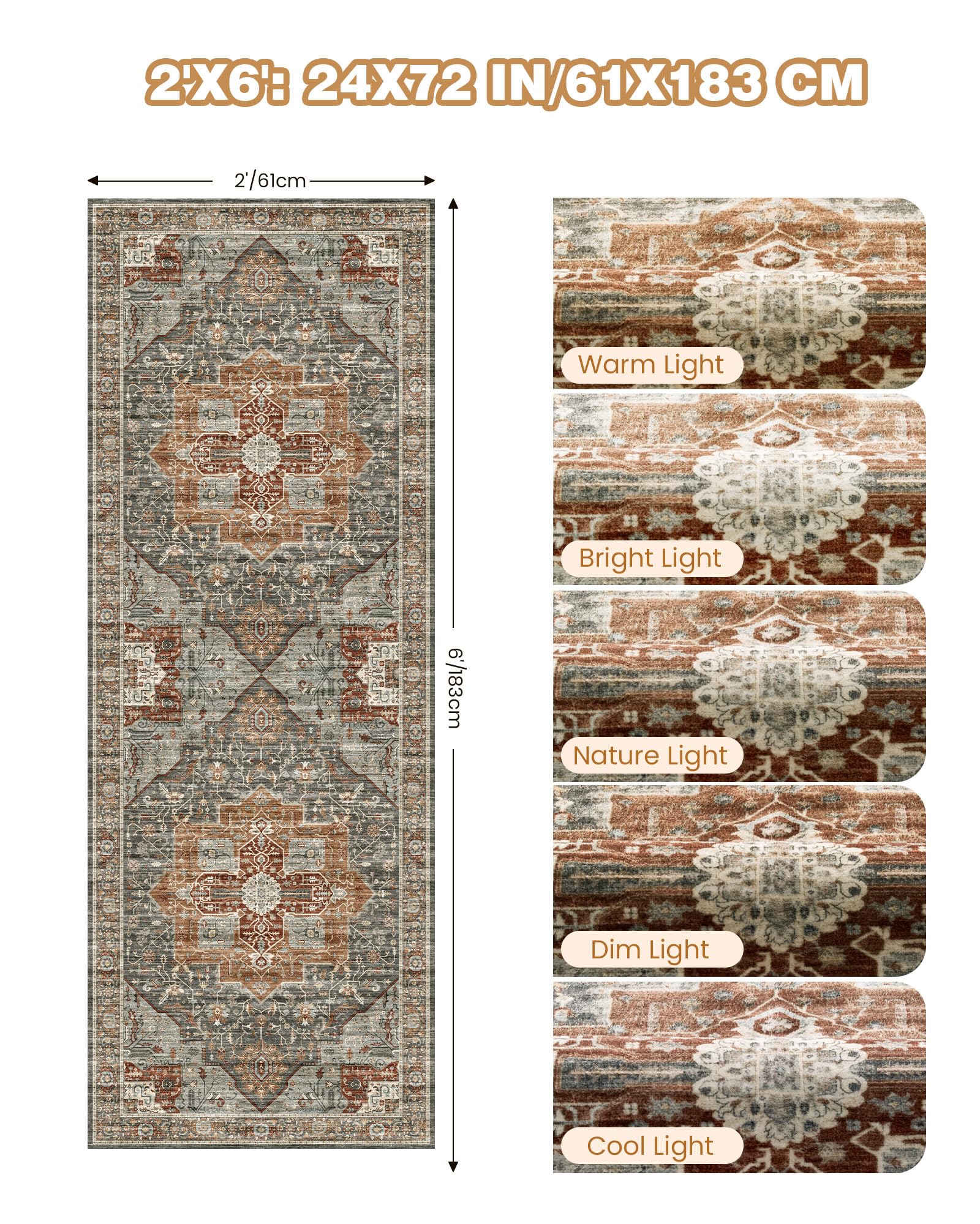 Restydon Runner Rug 2x6, Non Slip Washable Rugs for Hallways,Grey/Brown/Tan