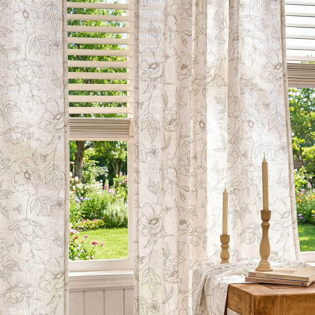 jinchan Floral Linen Curtains for Living Room 96 Inch Length Taupe Flower Curtain Rod Pocket Back Tab Farmhouse Curtains with Printed Floral Bedroom Window Curtain Set, 2 Panels Taupe