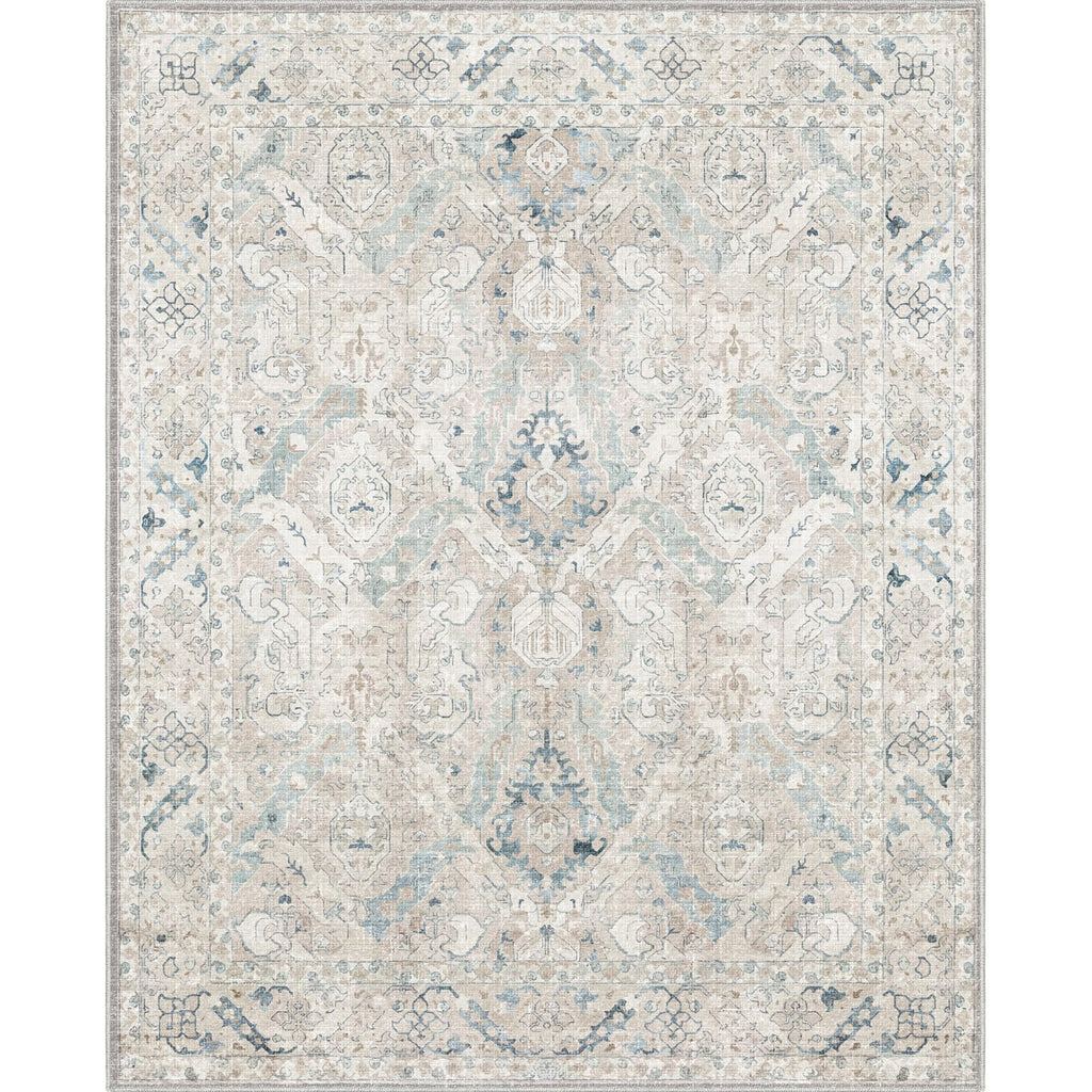phonzenuo 8x10 Area Rugs for Living Room, Machine Washable Non Slip Vintage Retro Rugs, Low Pile Lightweight Chenille Print Indoor Rug for Bedroom, Dining Room, Home Office(Grey/Blue/TAN/Teal/Green)