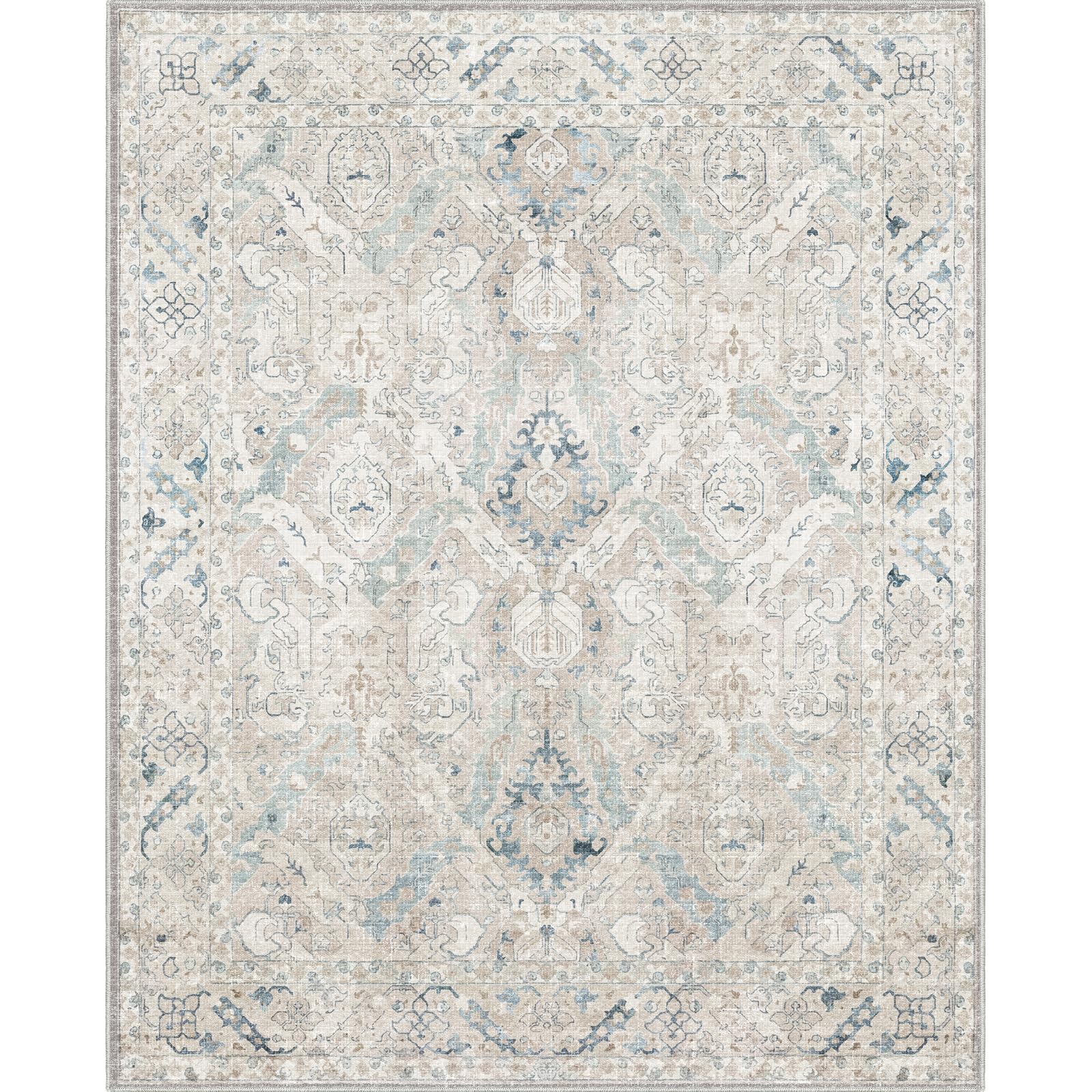phonzenuo 8x10 Area Rugs for Living Room, Machine Washable Non Slip Vintage Retro Rugs, Low Pile Lightweight Chenille Print Indoor Rug for Bedroom, Dining Room, Home Office(Grey/Blue/TAN/Teal/Green)