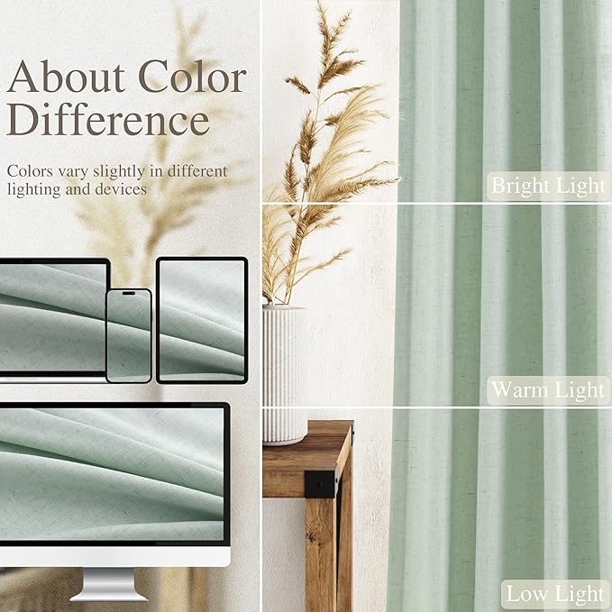 Nanspring Aqua Green Linen Curtains 84 Inch Length 2 Panels Set for Living Room Rod Pocket Back Tab Light Filtering Window Drapes for Bedroom Dining Room Protect Privacy Modern Farmhouse Decor 52x84