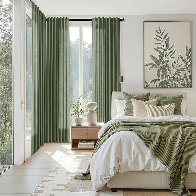 Nanspring Forest Green Linen Curtains 96 Inches Long for Living Room Light Filtering Semi Sheer Curtain Back Tab and Rod Pocket Wabi Sabi Boho Decor Drapes for Bedroom Office 52x96, 2 Panels