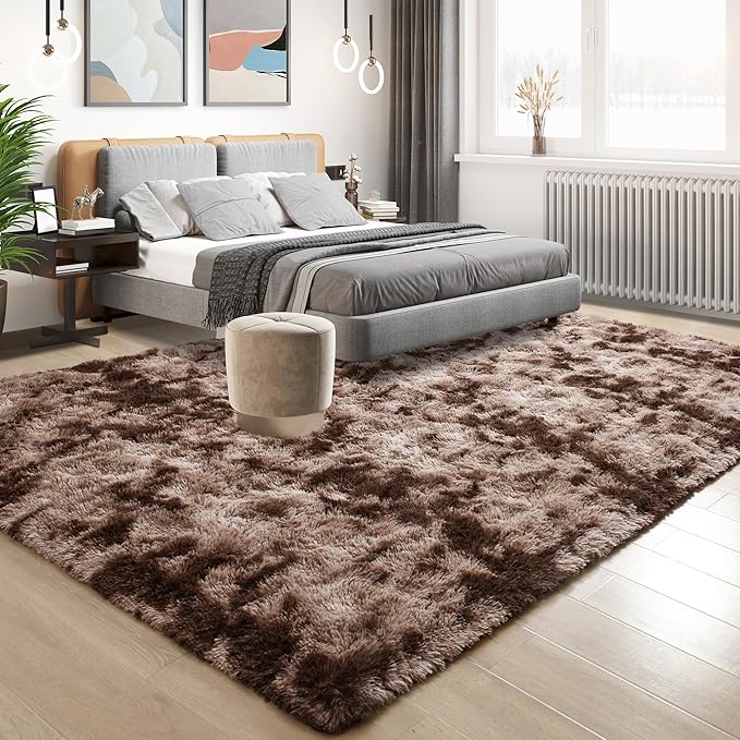 Tepook 9x12 Area Rugs for Living Room Bedroom, Soft Fluffy Plush Shaggy Girls Boys Kids Room Rug, Shag Upgrade Non-Slip Throw Carpet for Dorms Nursery Classroom Home Decor, Tie-Dyed Brown