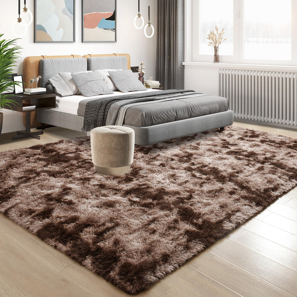 Tepook 6x9 Area Rugs for Living Room Bedroom, Soft Fluffy Plush Shaggy Girls Boys Kids Room Rug, Shag Upgrade Non-Slip Throw Carpet for Dorms Nursery Classroom Home Decor, Tie-Dyed Brown