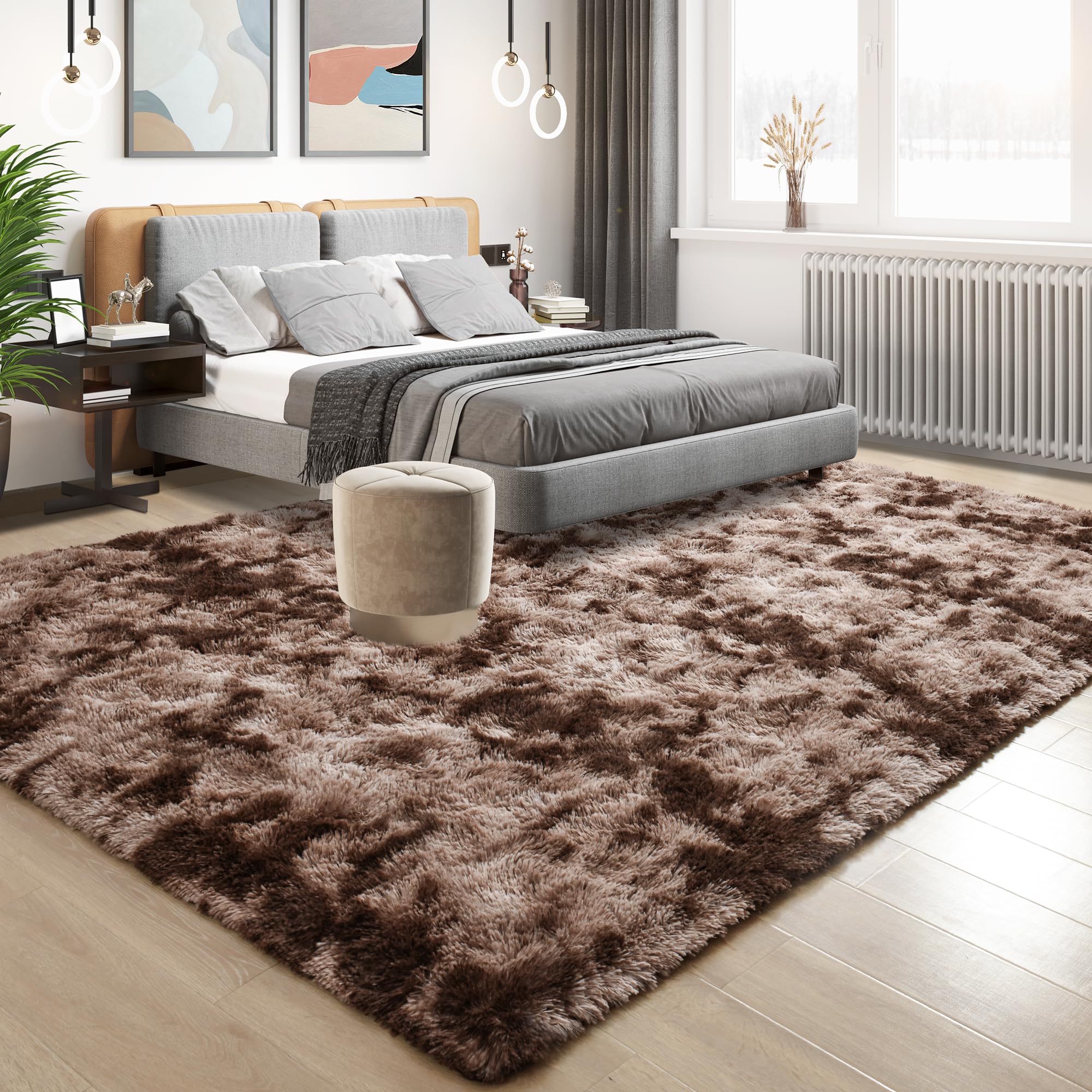 Tepook 6x9 Area Rugs for Living Room Bedroom, Soft Fluffy Plush Shaggy Girls Boys Kids Room Rug, Shag Upgrade Non-Slip Throw Carpet for Dorms Nursery Classroom Home Decor, Tie-Dyed Brown
