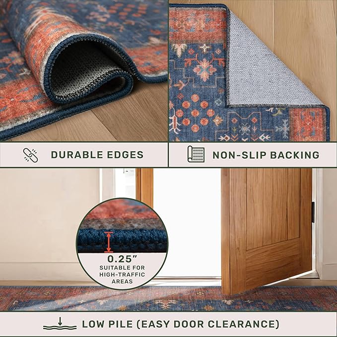 Hazo Haus Dark Blue & Terracotta 5x8 Living Room Rug - Machine Washable Area Rugs for Bedroom, Dining Room, Kitchen Floor, Small Office, Low Pile Non-Slip Rubber Backing & Stain Resistance