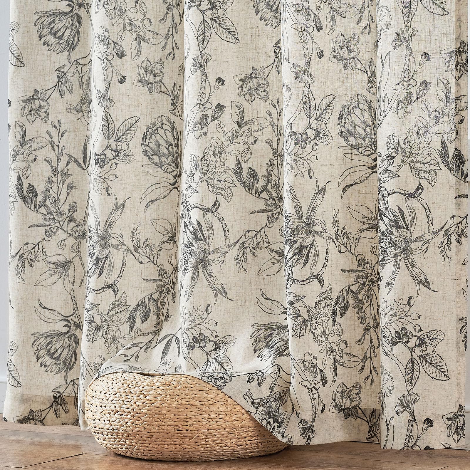 jinchan Black Floral Linen Curtains 108 Inch Farmhouse Rod Pocket 2 Panels