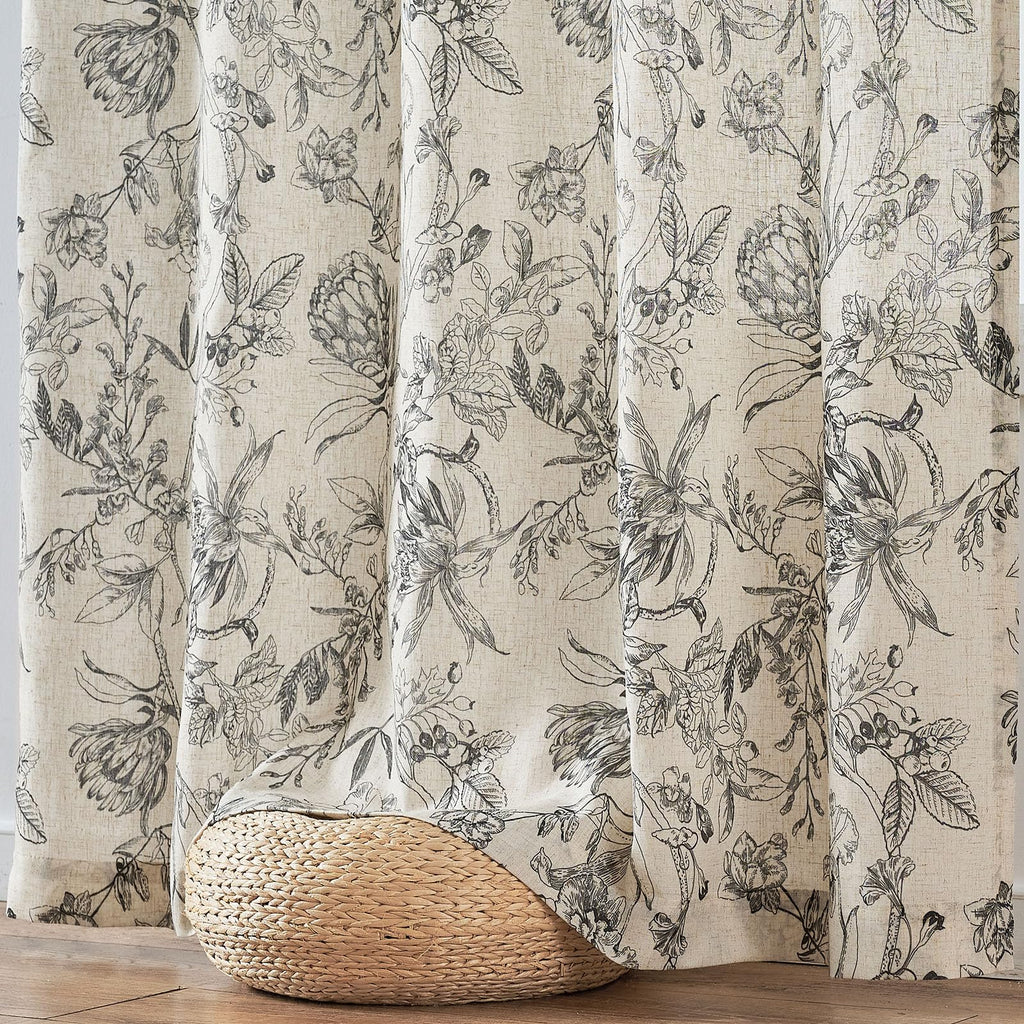 jinchan Black Floral Linen Curtains 108 Inch Farmhouse Rod Pocket 2 Panels