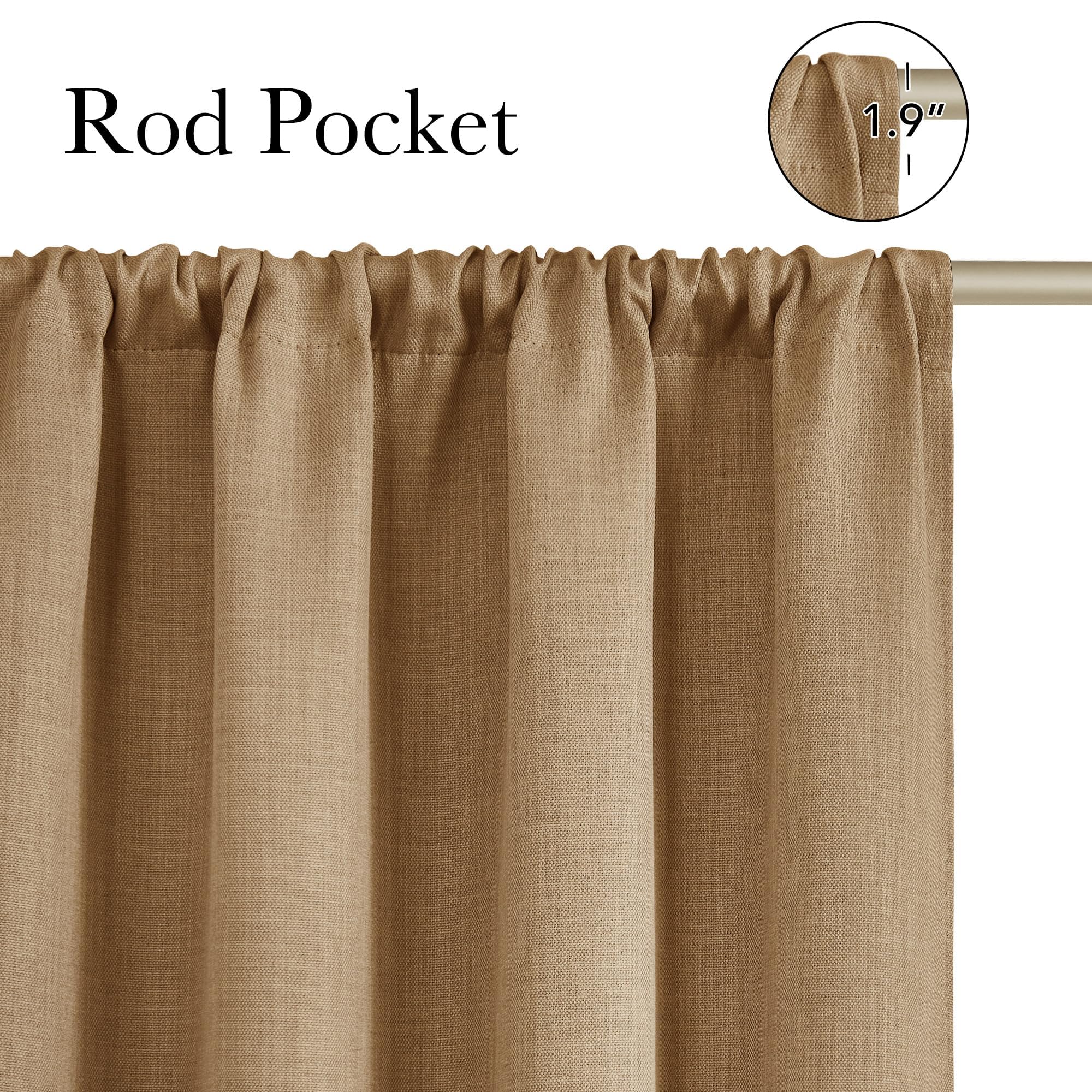 NICETOWN Caramel Faux Linen Room Darkening Rod Pocket Curtains 63 inch Length, W42 x L63, Light Blocking Thermal Insulated Noise Reducing Drapes for Bedroom Living Room Farmhouse Decor, 2 Panels