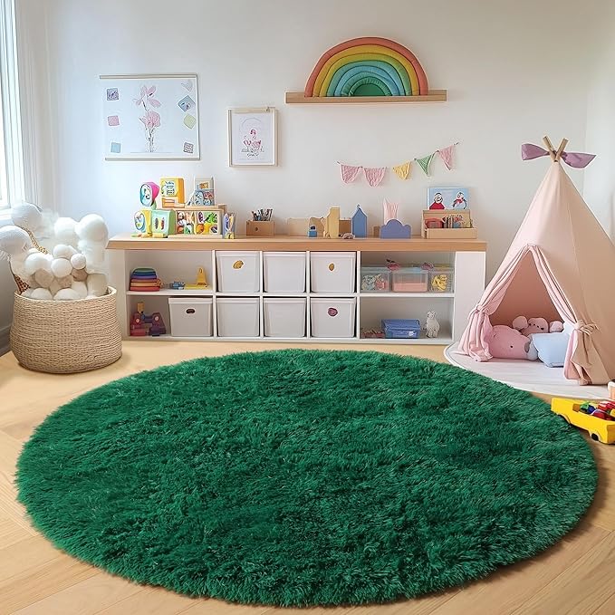 ONASAR Dark Green Round Area Rugs 6ft, Ultra Soft Bedroom Circle Rug for Kids Girls Teen Room, Furry Plush Shaggy Carpet Floor Mat for Baby Nursery Living Room Playroom Dorm Home Decor
