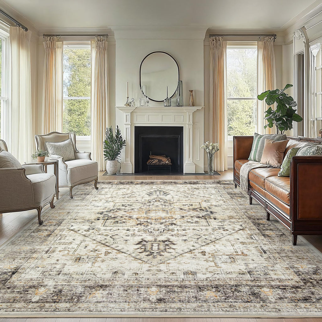 AMADA HOMEFURNISHING Washable Area Rug, Low-Profile Large Area Rug with Non-Slip Backing & Durable Edge Binding, Vintage Large Rugs for Living Room, Bedroom, Dinning Room, 8x10, Grey/Beige