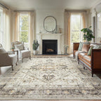 AMADA HOMEFURNISHING Washable Area Rug, Low-Profile Large Area Rug with Non-Slip Backing & Durable Edge Binding, Vintage Large Rugs for Living Room, Bedroom, Dinning Room, 8x10, Grey/Beige
