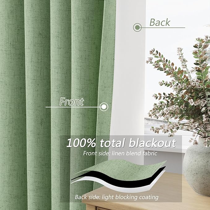 Guken 100% Blackout Linen Curtains 102 Inch Length 2 Panels Set for Living Room Bedroom Back Tab Thermal Insulated Black Out Linen Drapes Room Darkening Window Curtains,Light Sage