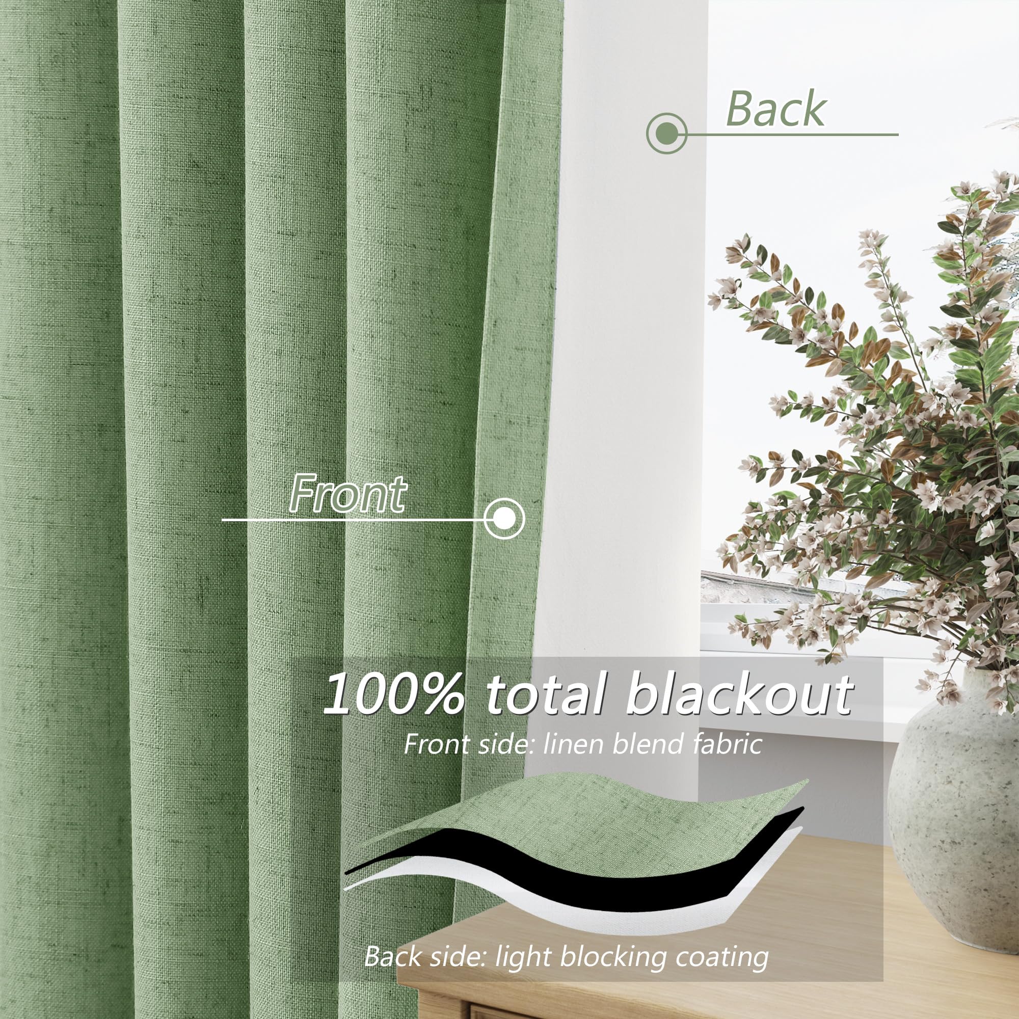Guken 100% Blackout Linen Curtains 84 Inch Length 2 Panels Set for Living Room Bedroom Back Tab Thermal Insulated Black Out Linen Drapes Room Darkening Window Curtains 84 Inches Long,Light Sage