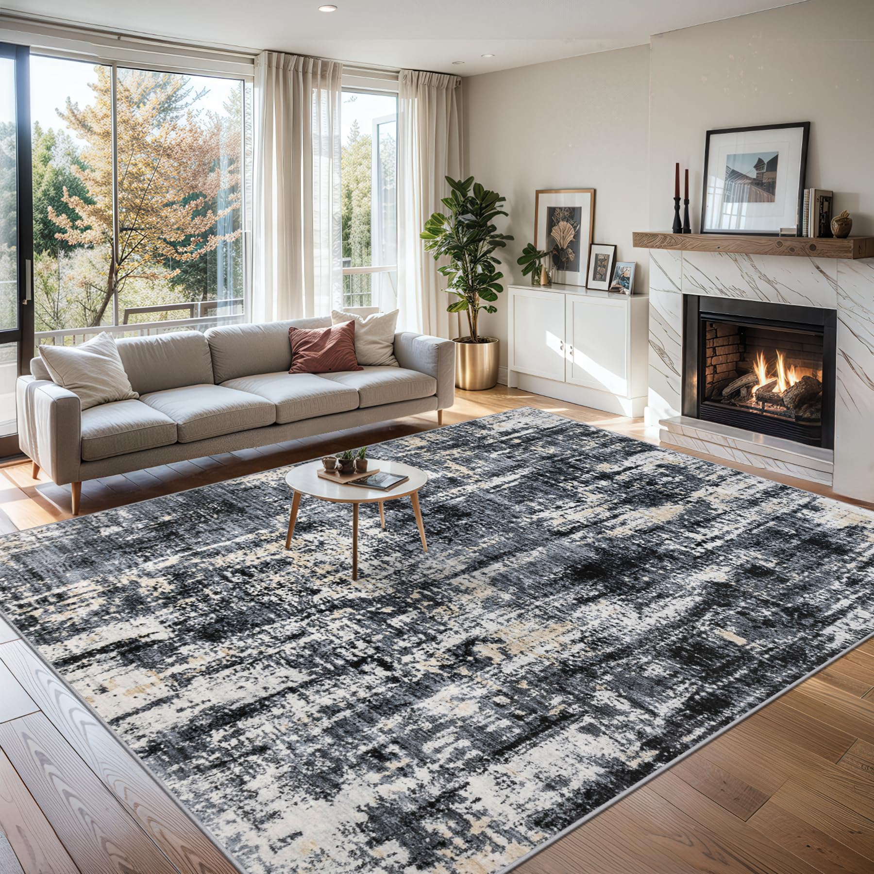 PLHXFR 10x14 Area Rug Living Room: Abstract Washable Carpet Black Gold