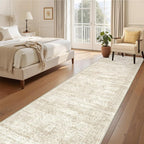 3x12 Runner Rug for Hallway, Non-Slip Long Bathroom Rugs Runner for Kitchen, Bedroom, Soft Vintage Abstract Washable Rug for Entryway, Thin Floor Mat for Dining Room(3'x12', Beige/Ivory)