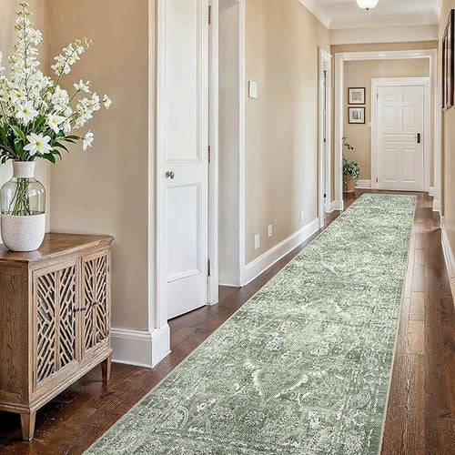 2'6"x16 Washable Long Runner Rug: Vintage Non Slip Hallway Rug SageGreen