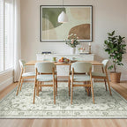 Madane 9x12 Area Rugs for Living Room, Machine Washable Vintage Green Rug with Non-Slip Backing, Soft Throw Large Rug, Thin Carpet for Bedroom Dining Room Farmhouse Under Table, Green/Ivory