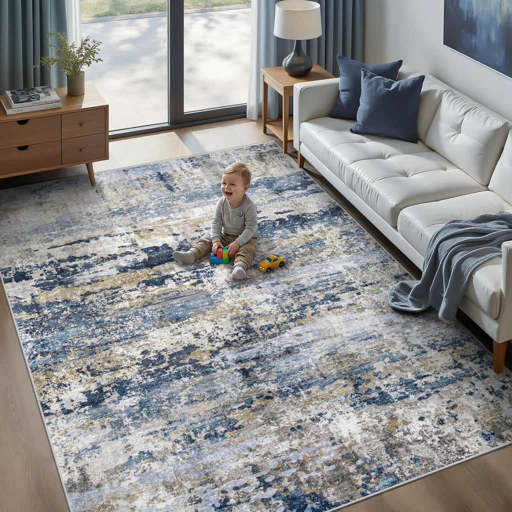 pmtsns Area Rugs 6x9 for Living Room: Washable Rug Modern Abstract Neutral Soft Non-Slip Low-Pile Indoor Carpet for Bedroom Dining Room Playroom Home Office (Blue Grey Brown, 6'x9')