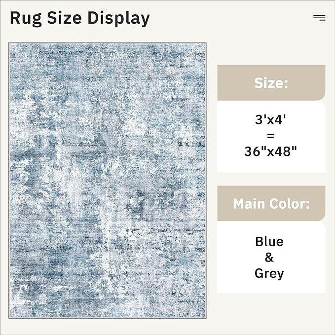 Soalmost Abstract 3x4 Rugs, Small Washable Area Rug for Entryway Blue/Grey