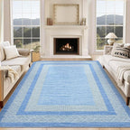 GarveeHome 9x12 Large Modern Light Blue Area Rug Distressed Bordered Soft Non Shedding Floor Carpet, Geometric Washable Non Slip Low Pile Indoor Area Rug for Living Room, Bedroom