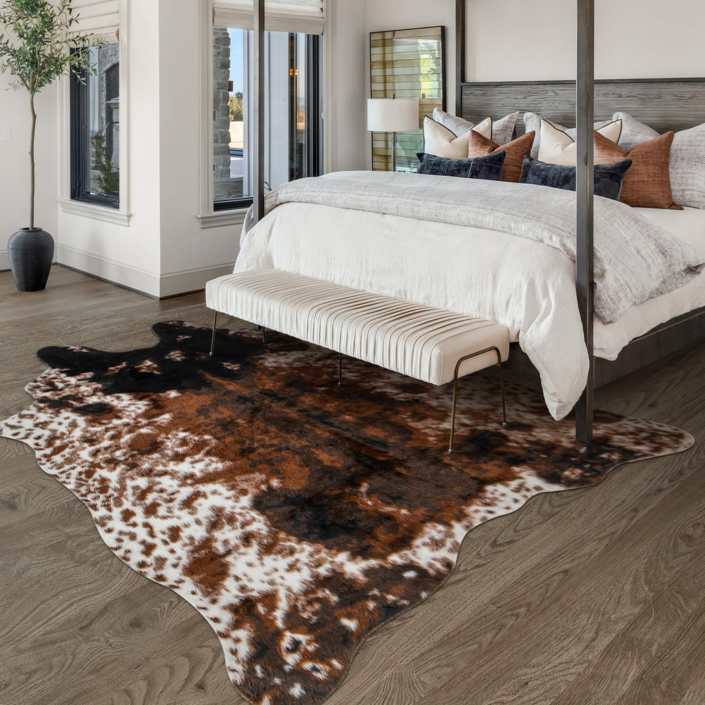 Cow Print Faux Cowhide Rug, Fluffy Fur 5.2x7 Feet Washable Cow Rugs for Living Room Bedroom Animal Print Hide Skin Rustic Western Décor Black and Brown