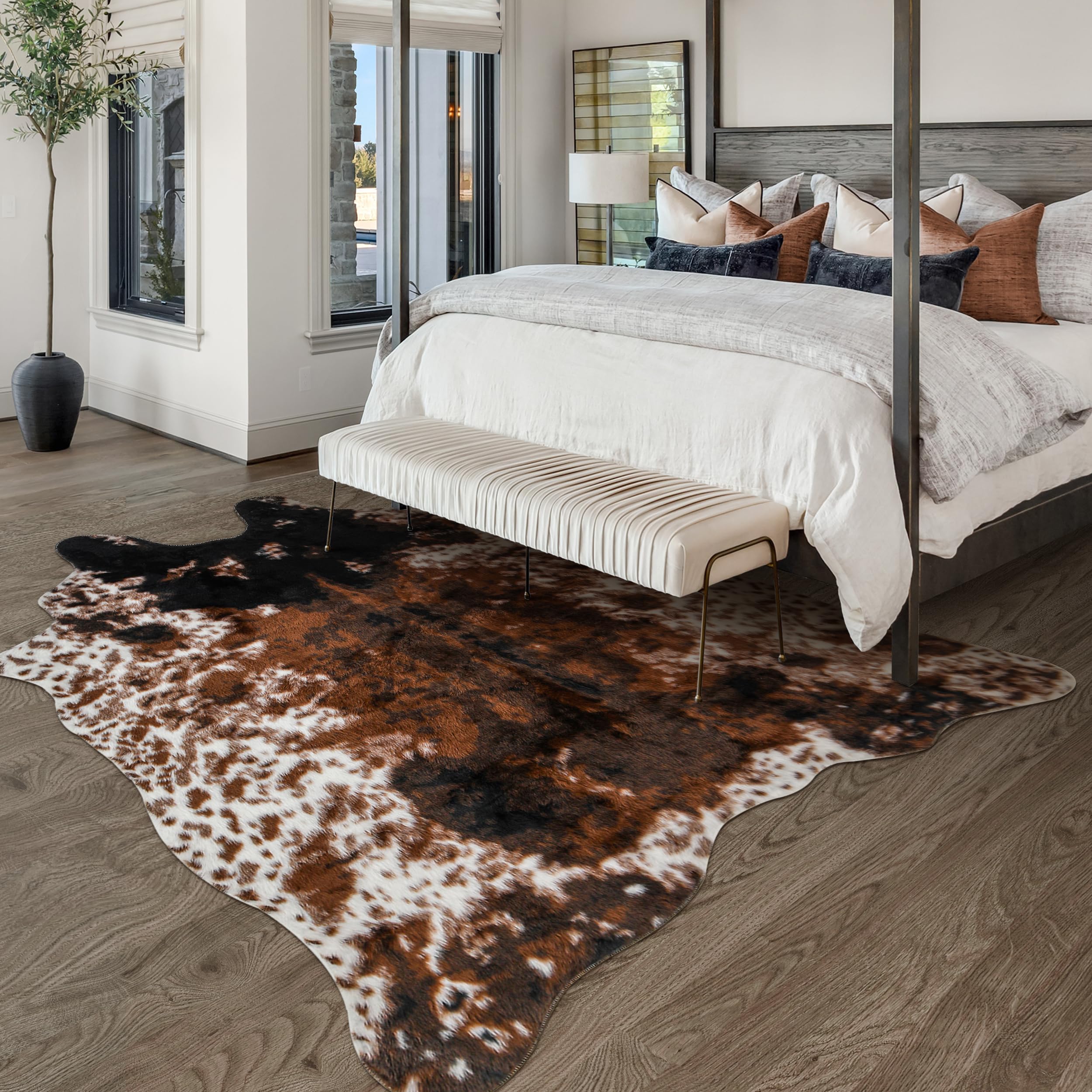 Cow Print Faux Cowhide Rug, Fluffy Fur 5.2x7 Feet Washable Cow Rugs for Living Room Bedroom Animal Print Hide Skin Rustic Western Décor Black and Brown