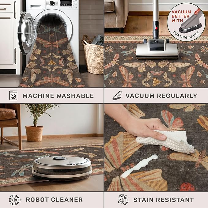 Brown 2x6 Indoor Rugs for Entryway - Washable Non Slip Runner for Kitchen Floor, Vintage Carpet Runners for Hallway 6ft, Insect Boho Design, Butterfly Moth Print Home Décor