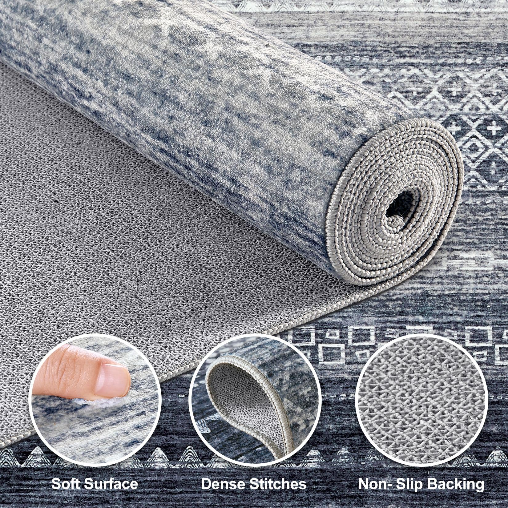 Nakagishi Boho 2x6 Runner Rug Machine Washable Rugs Non Slip Denim Blue