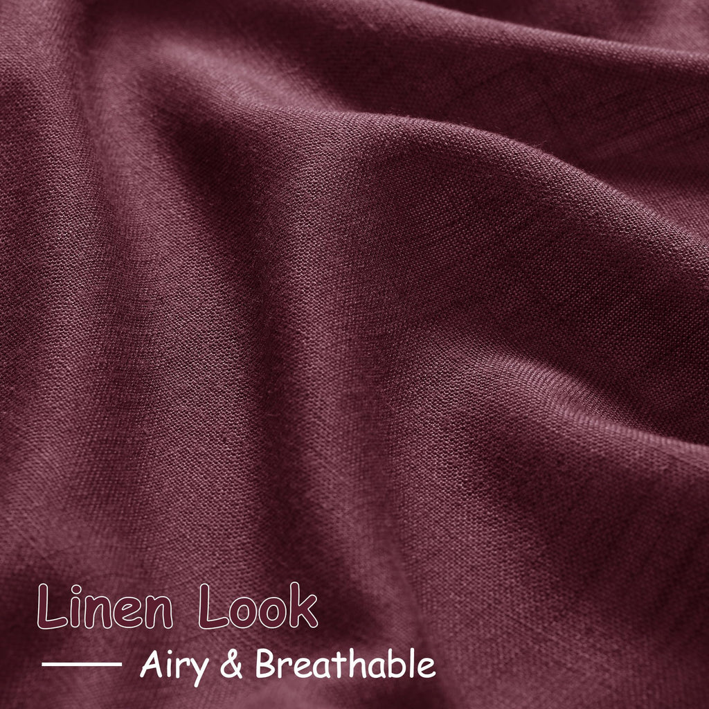 Burgundy Linen Curtains 90 Inch Long 2 Panels Set for Bedroom Living Room Linen Textured Window Drapes Semi Sheer Light Filtering Rod Pocket Back Tab Cotton Textured Farmhouse Curtain 52x90
