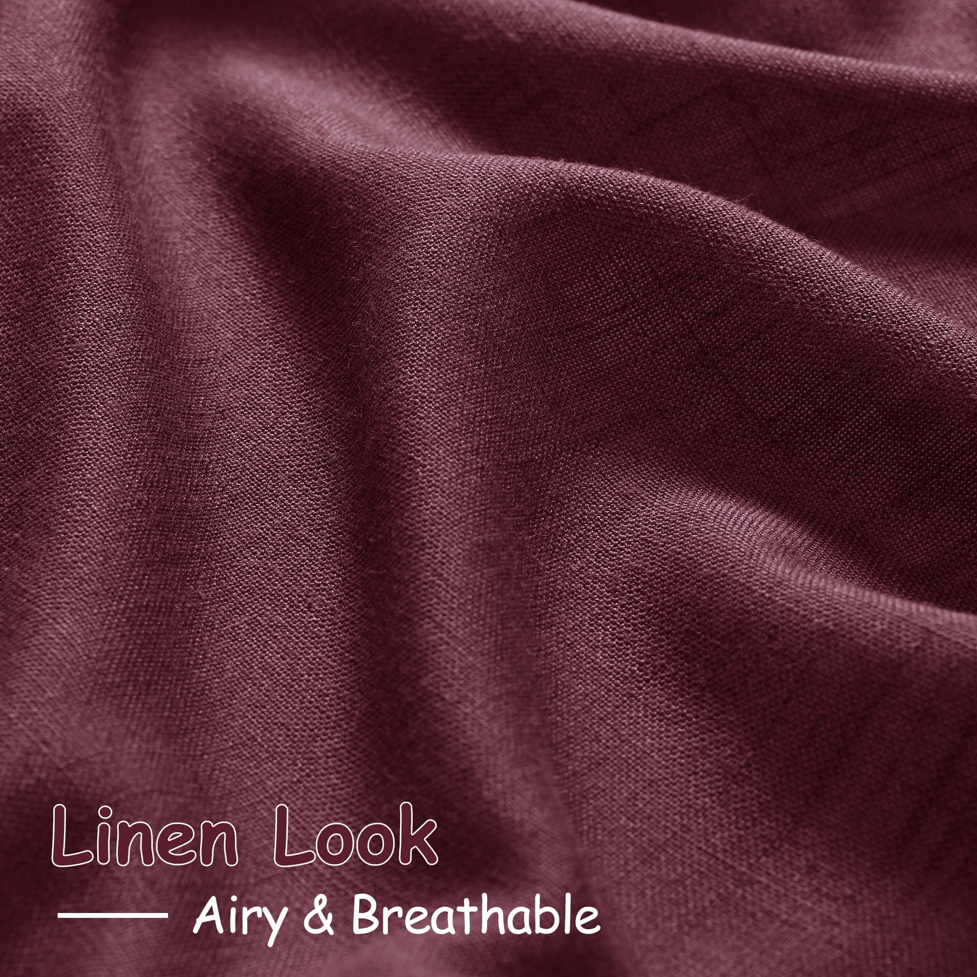 Burgundy Linen Curtains 63 Inches Long 2 Panel Sets for Living Room Bedroom Rod Pocket Back Tab Light Filtering Drape for Kitchen Window Short Protect Privacy Curtain Modern Farmhouse Decor 52x63