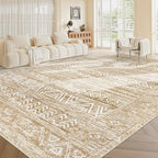 Living Room Rugs 9x12: Washable Moroccan Geometric Boho Rug Farmhouse Non Slip Stain Resistant Large Rug Low Pile Soft Carpet for Bedroom Dining Room Kids Room (Light Brown,9'x12')