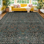 Vintage Washable Dark Green 10x14 Rug for Living Room - Extra Large Area Rug for Dining Room Under Table, Soft Low Pile Carpet for Bedroom - Vintage Floral Design Non-Slip (10x14 Dark Green)