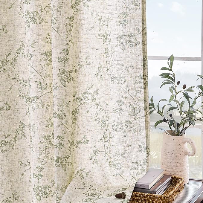 Lazzzy Green Vintage Floral Linen Curtains Farmhouse 38W X 90L 2 Panels