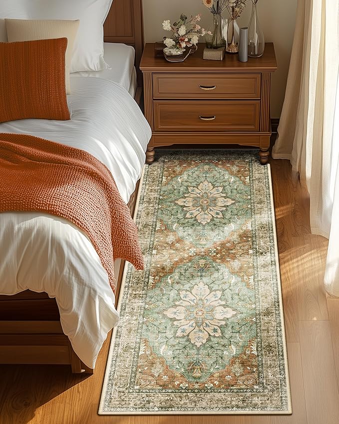 RELEANY Washable Area Rug, Runner 2'x6', Brick/Brown/Green