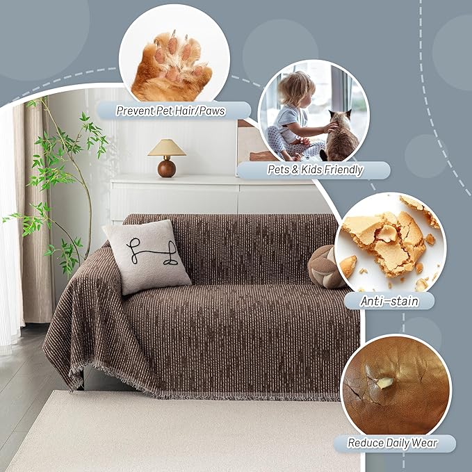 MYSKY HOME Boho Couch Cover Deep Chocolate Sofa Covers Washable, Farmhouse Sofa Slipcover Simple Couch Protector for Dogs Chenille Sectional Couch Covers L Shaped Couch Cushion Covers, 91"x 134"