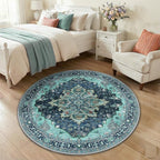 Area Rugs 4ft Washable Non-Slip, Floral Vintage Distress Print Pattern Medallion Carpet for Living Room Bedroom Dining Room, Teal Green Lake Blue Turquoise