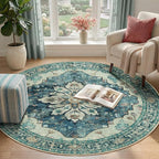 Area Rugs 4ft Washable Non-Slip, Floral Vintage Distress Print Pattern Medallion Carpet for Living Room Bedroom Dining Room, Dark Blue Vintage