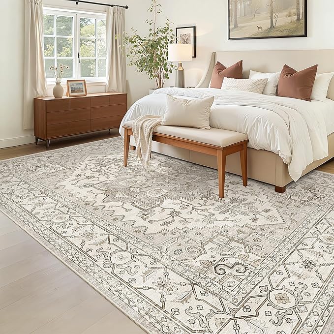 Madane 6x9 Area Rugs for Living Room, Stain Resistant Washable Rugs, Non-Slip Backing Area Rug, Vintage Home Decor Rug for Bedroom (Beige/Brown, 6'x9')