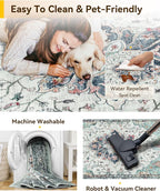 RELEANY Area Rugs Square 10ft Washable Non-Slip, Floral Vintage Distress Print Pattern Medallion Carpet for Living Room Bedroom Dining Room, Green Navy Blue White Red Teal Colorful