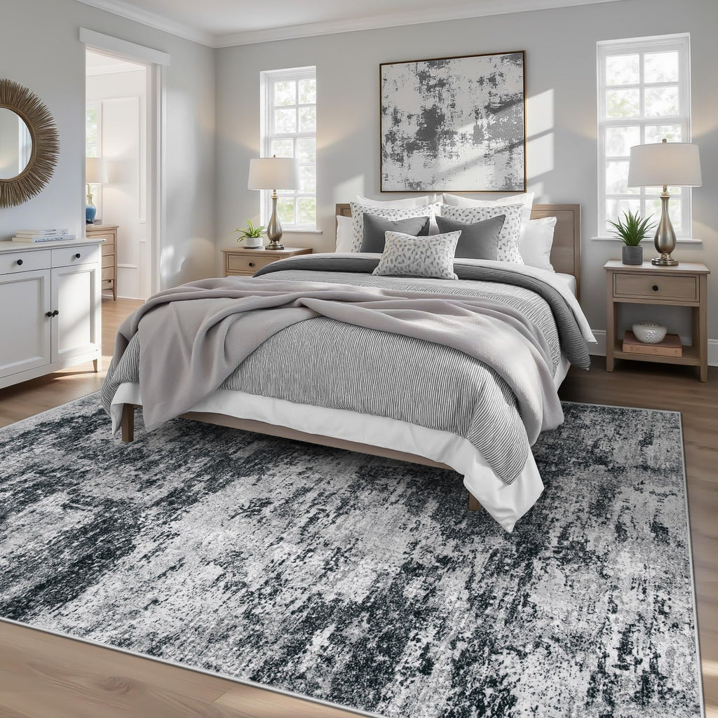 pmtsns Area Rugs 6x9 for Living Room: Washable Rug Modern Abstract Neutral Soft Non-Slip Low-Pile Indoor Carpet for Bedroom Dining Room Playroom Home Office (Black Grey, 6'x9')