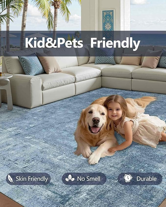 Latte&Fog 6x9 Area Rugs for Living Room Bedroom, Blue Modern Abstract Neutral Washable Rug, Boho Non Slip Low Pile Carpet for Dining Room, Dorm, Classroom, College Dorm, Farmhouse and Kids Room - Blue