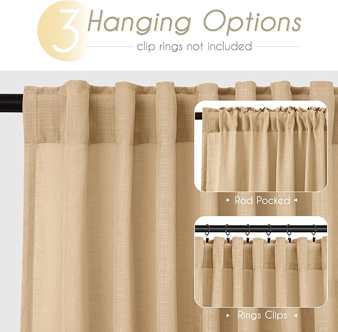 Tan Linen Curtains 96 inches Long for Living Room Back Tab Rustic Farmhouse Semi Sheer Light Filtering Window Curtain Dining Room Soft Thick Flax Linen Textured Drapes Kahki 52x96